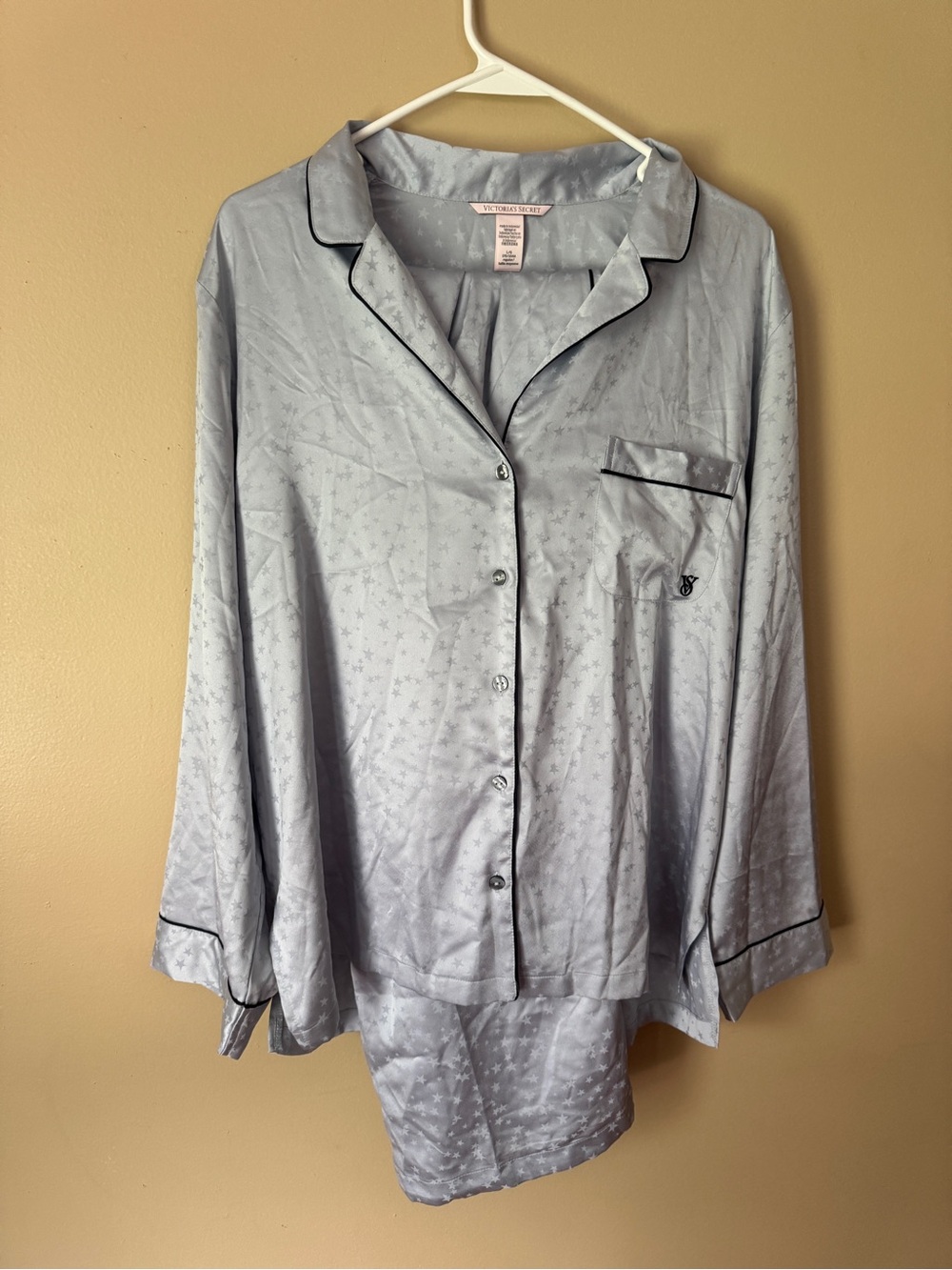 Victoria's Secret Light Gray Satin Pajama Top with Pink Label